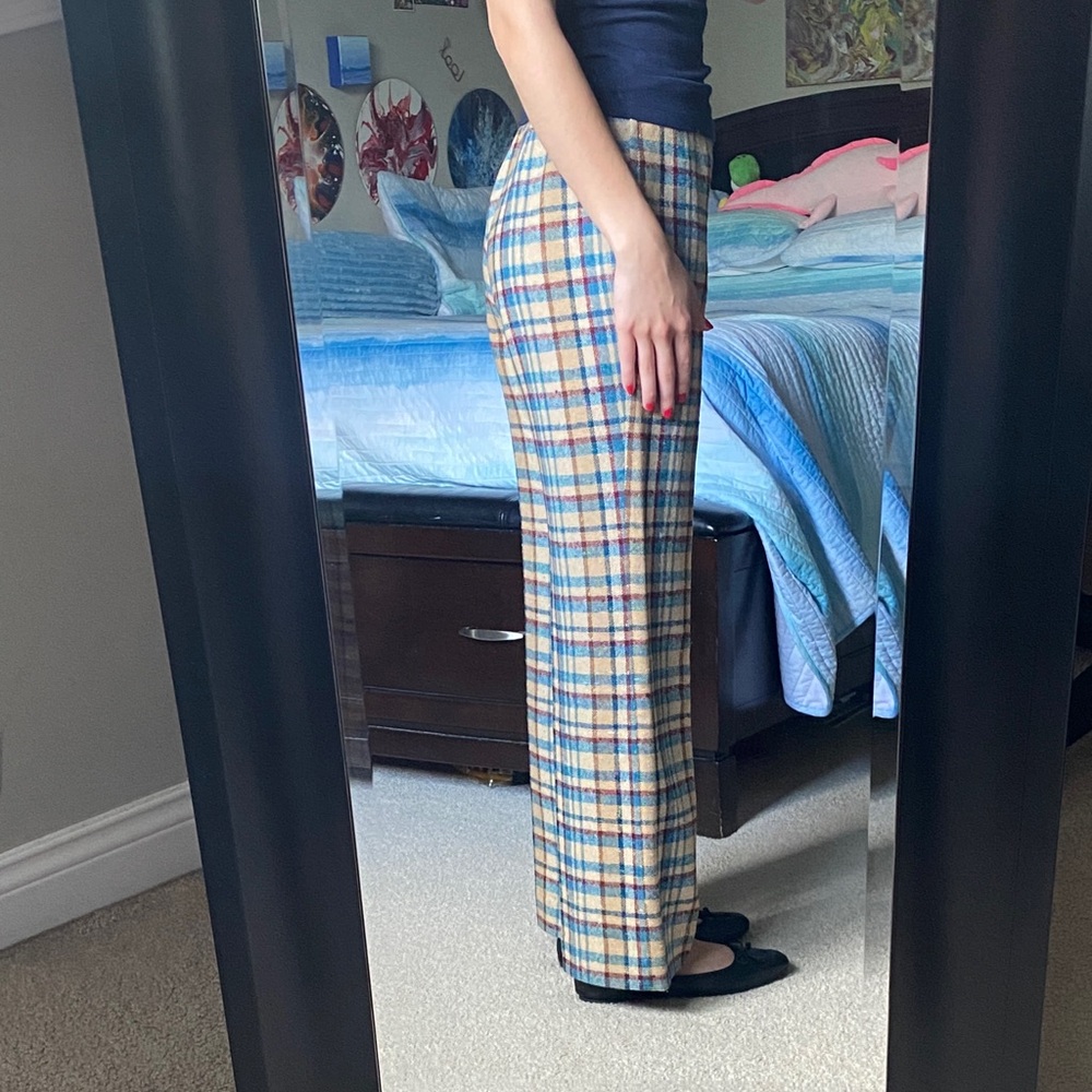 Vintage Pendleton Rare 100% Virgin Wool Checked Wide Leg Pants in Blue & Tan - Picture 5 of 10